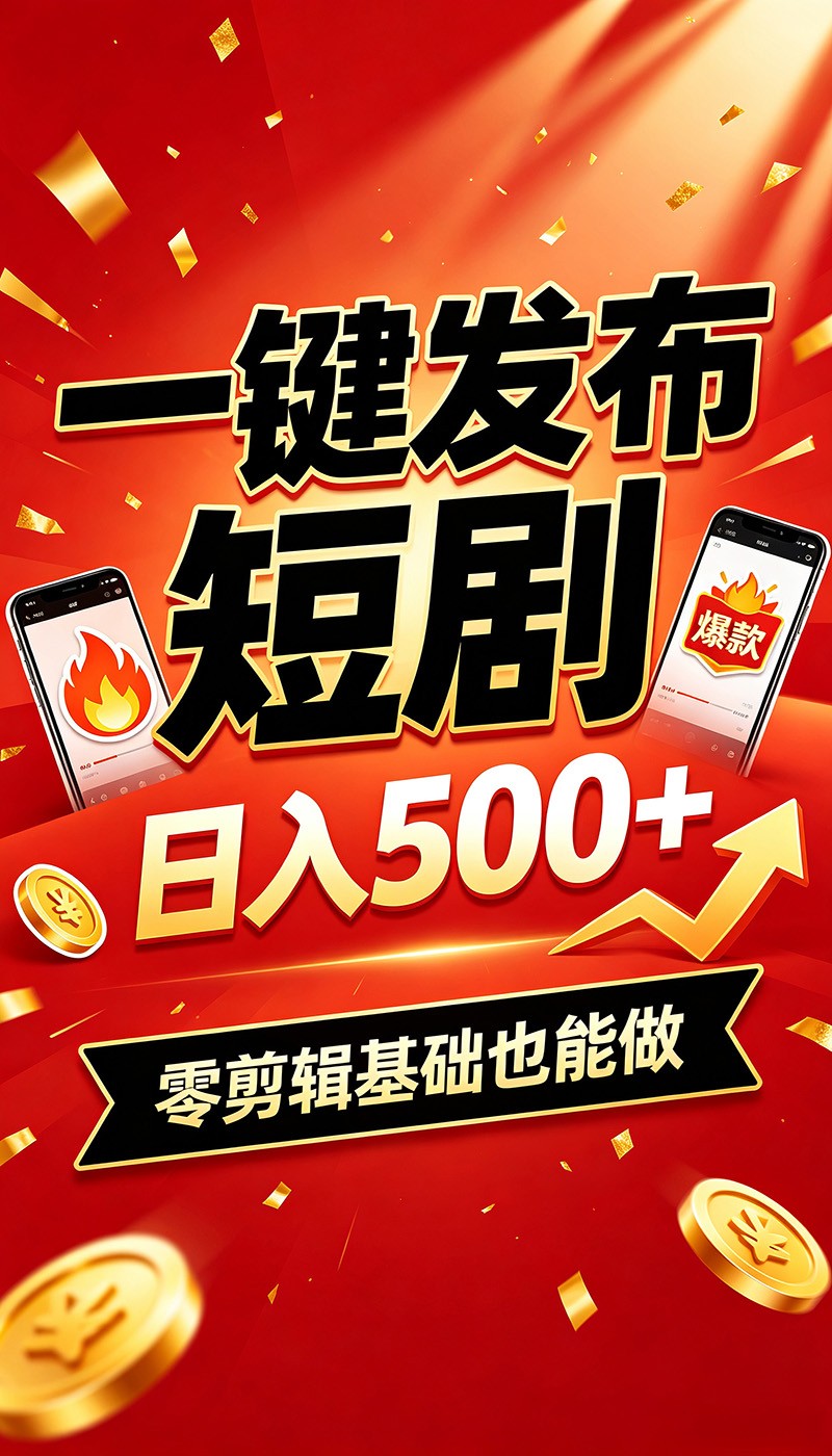 快手短剧一键发布，不用剪辑操作简单，副业日入500+。空闲时间轻松赚收益-淘金社:轻创终点站