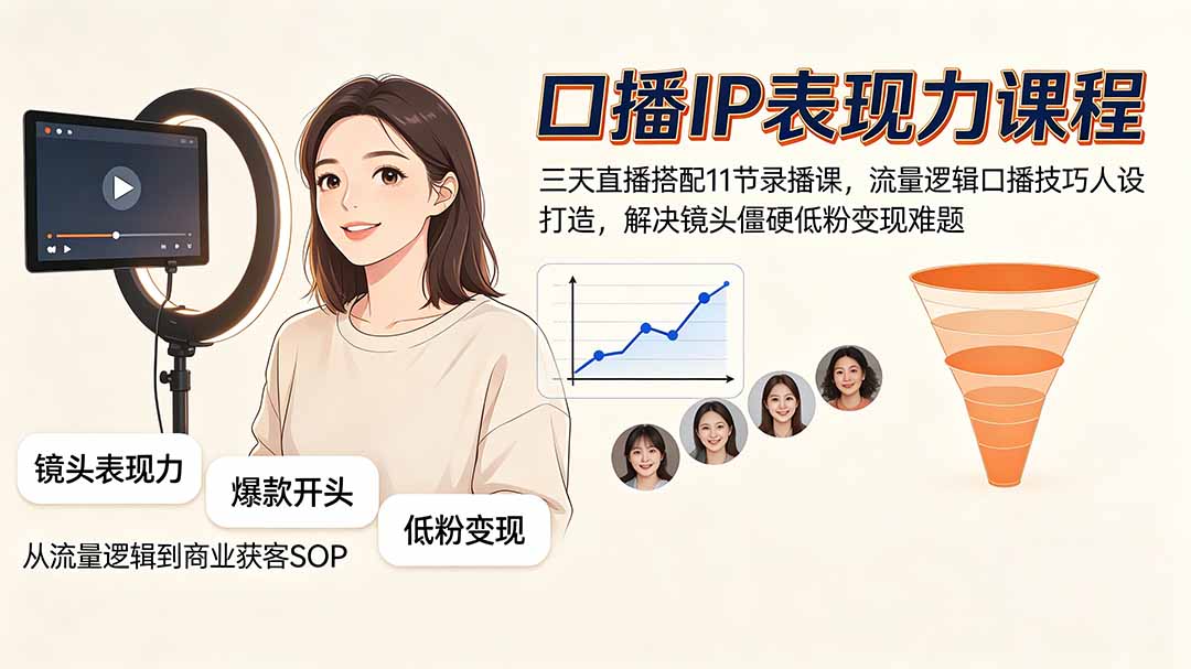 口播IP表现力课程｜三天直播搭配11节录播课，流量逻辑口播技巧人设打造，解决镜头僵硬低粉变现难题-淘金社:轻创终点站