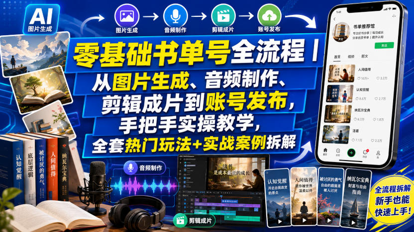 零基础书单号全流程|从图片生成、音频制作、剪辑成片到账号发布,手把手实操教学,全套热门玩法+实战案例拆解-淘金社:轻创终点站