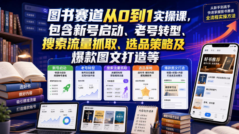 图书赛道从0到1实操课，包含新号启动、老号转型、搜索流量抓取、选品策略及爆款图文打造等-淘金社:轻创终点站