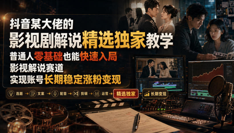 抖音某大佬的影视剧解说精选独家教学,普通人零基础也能快速入局影视解说赛道,实现账号长期稳定变现-淘金社:轻创终点站