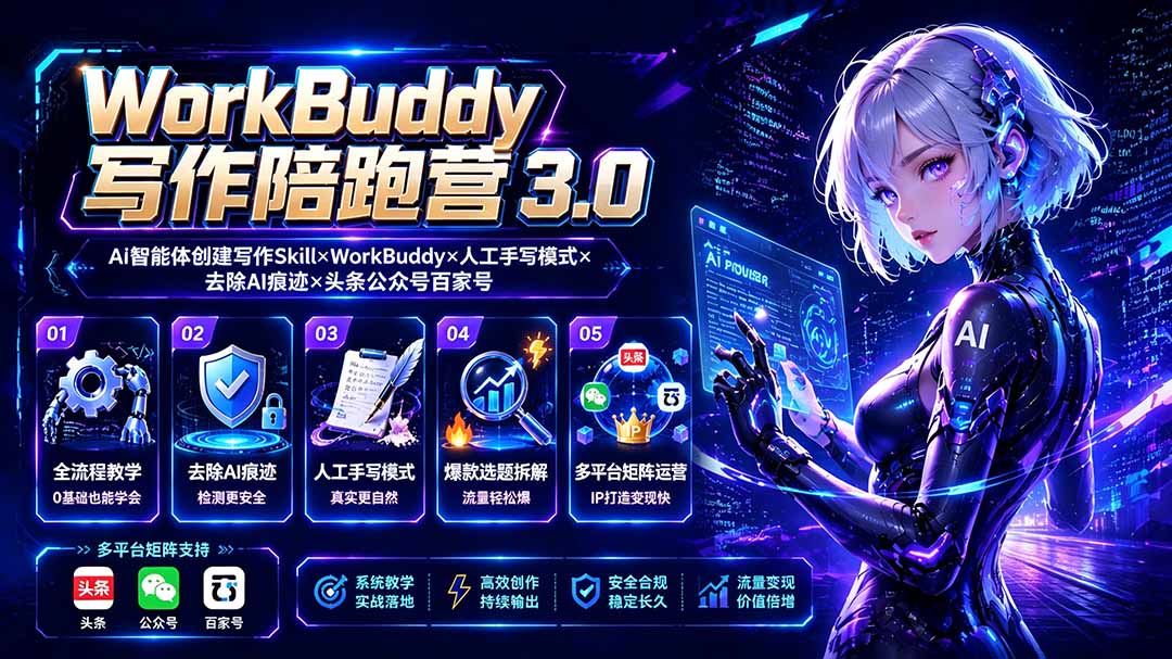 WorkBuddy写作陪跑营3.0-更新：Ai智能体创建写作Skill×WorkBuddy×人工手写模式×去除AI痕迹×头条公众号百家号-淘金社:轻创终点站