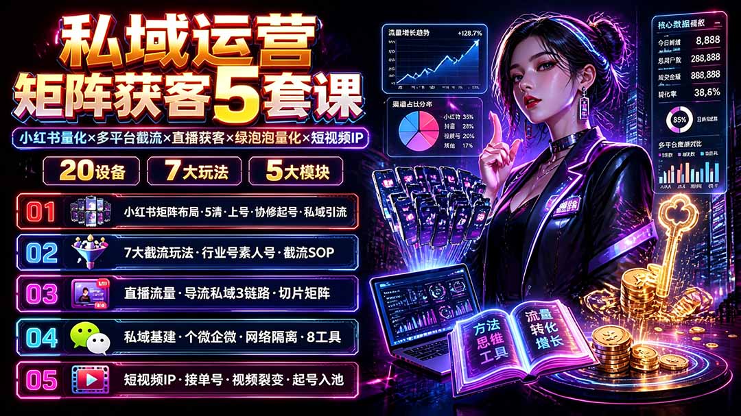 私域运营矩阵获客5套课:小红书量化×多平台截流×直播获客×绿泡泡量化×短视频IP×20设备×7大玩法-淘金社:轻创终点站