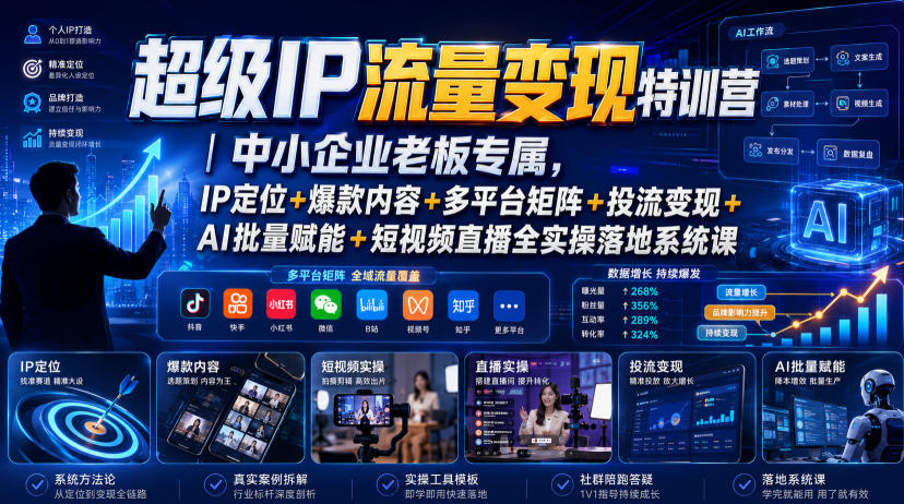 超级IP流量变现特训营|中小企业老板专属,IP定位+爆款内容+多平台矩阵+投流变现+AI批量赋能+短视频直播全实操落地系统课-淘金社:轻创终点站