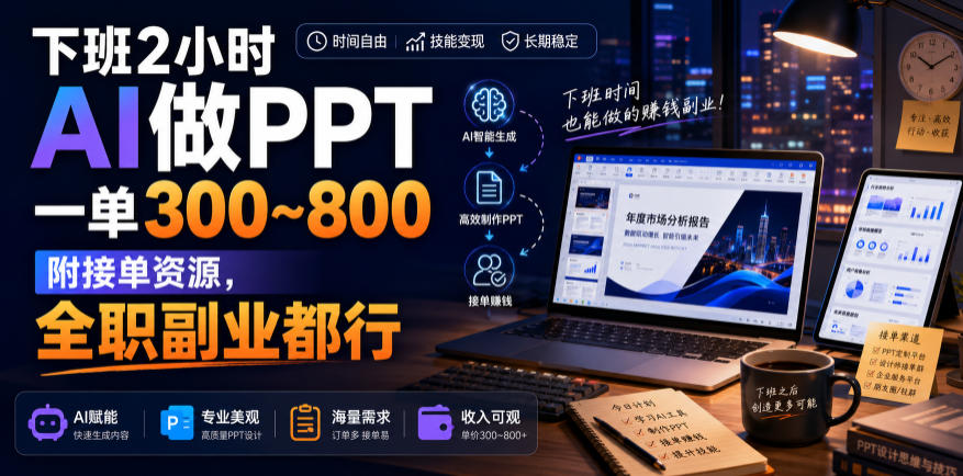 下班2小时AI做PPT，一单300~800，附接单资源，全职副业都行【揭秘】-淘金社:轻创终点站