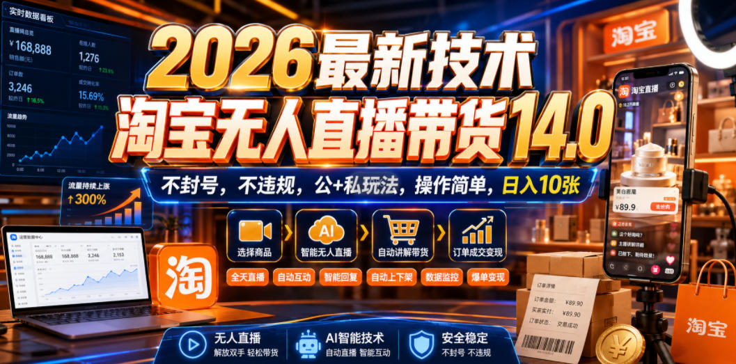 2026最新技术，淘宝无人直播带货14.0，不封号，不违规，公+私玩法，操作简单，日入10张【揭秘】-淘金社:轻创终点站