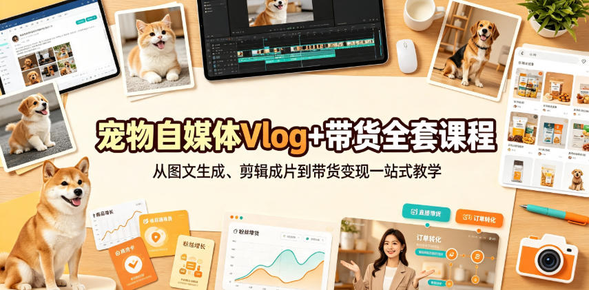 宠物自媒体Vlog+带货全套课程|从图文生成、剪辑成片到带货变现一站式教学-淘金社:轻创终点站