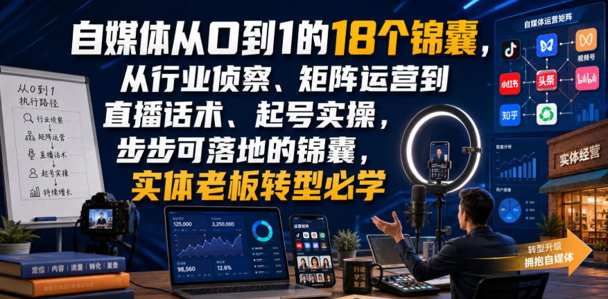 自媒体从0到1的18个锦囊,从行业侦察、矩阵运营到直播话术、起号实操,步步可落地的锦囊,实体老板转型必学-淘金社:轻创终点站