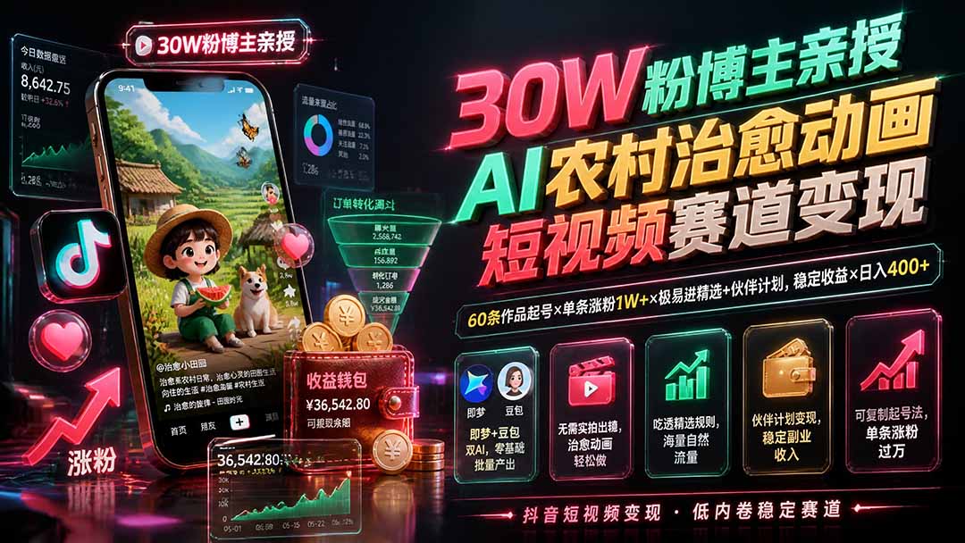 30W粉博主亲授AI农村治愈动画短视频赛道变现：60条作品起号×单条涨粉1W+×极易进精选+伙伴计划，稳定收益×日入400+-淘金社:轻创终点站