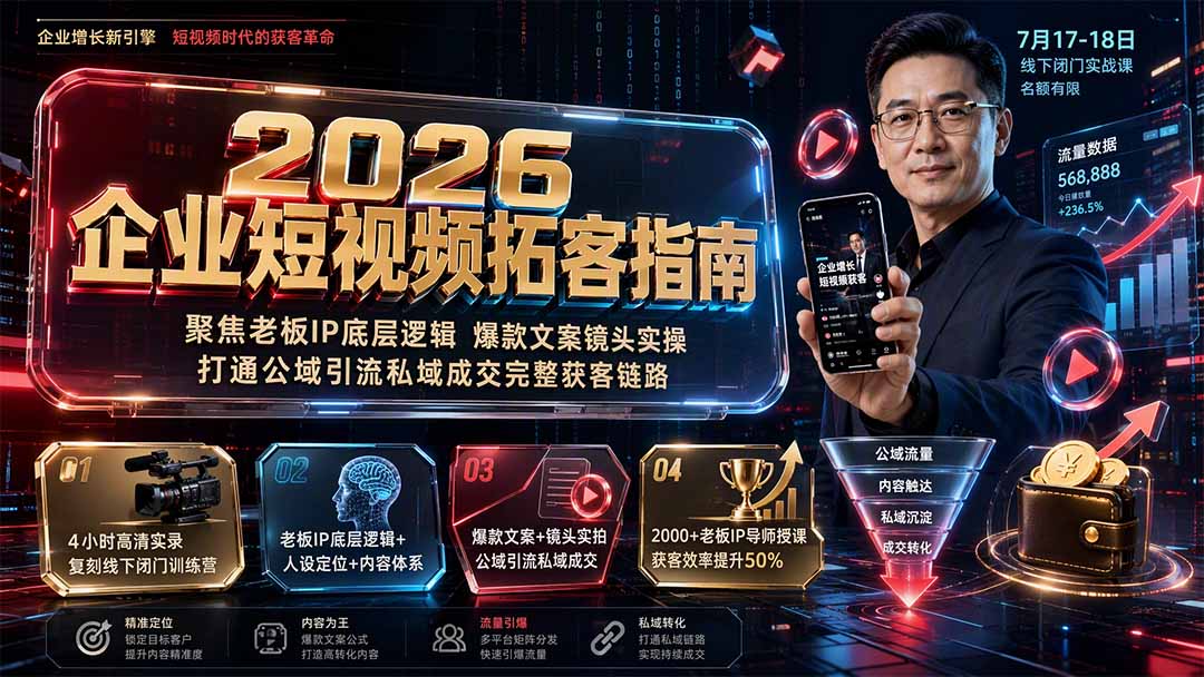 2026企业短视频拓客指南：聚焦老板IP底层逻辑，爆款文案镜头实操，打通公域引流私域成交完整获客链路-淘金社:轻创终点站