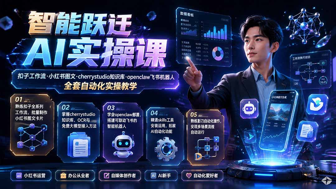 智能跃迁 AI实操课｜扣子工作流小红书图文搭建，cherrystudio知识库openclaw飞书机器人全套自动化实操教学-淘金社:轻创终点站