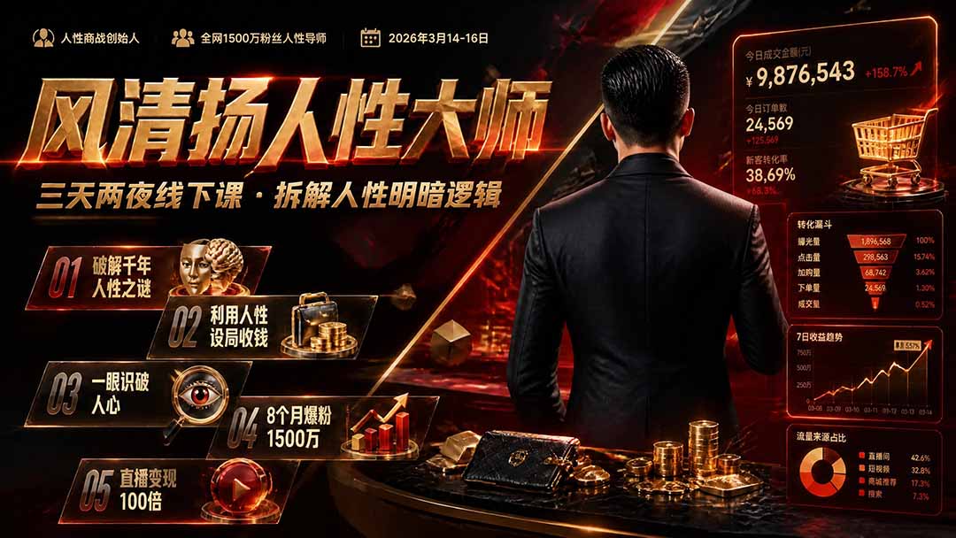 风清扬人性大师-三天两夜3月14-16线下课2026年|拆解人性明暗逻辑,识人避坑,千万粉涨粉+直播百倍变现实战教学-淘金社:轻创终点站