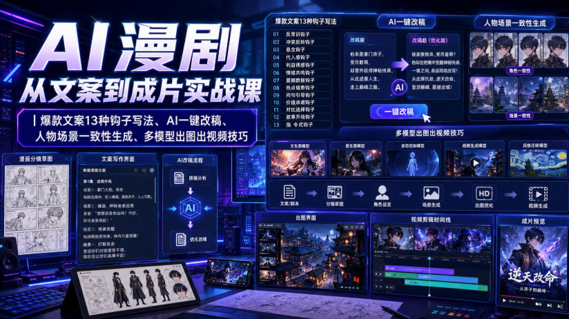 AI漫剧从文案到成片实战课|爆款文案13种钩子写法、AI一键改稿、人物场景一致性生成、多模型出图出视频技巧-淘金社:轻创终点站