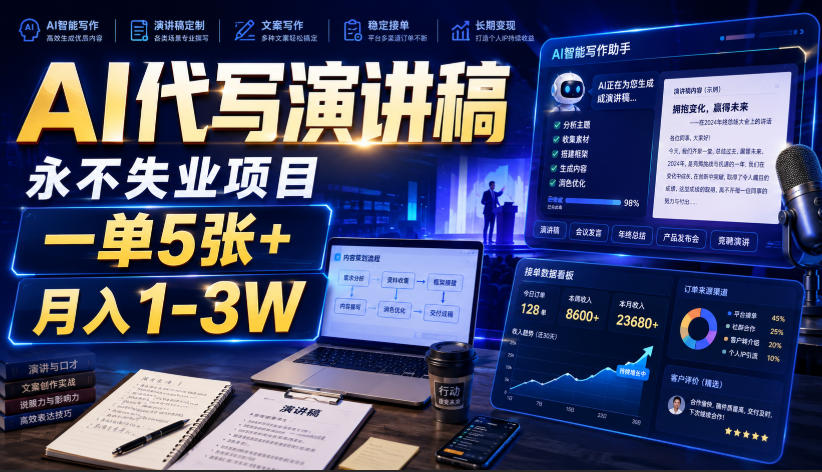 AI代写演讲稿,永不失业项目,一单5张+,月入1-3W【揭秘】-淘金社:轻创终点站