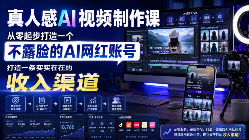 真人感AI视频制作课,从零起步打造一个不露脸的AI网红账号,打造一条实实在在的收入渠道【原创双语字幕】-淘金社:轻创终点站