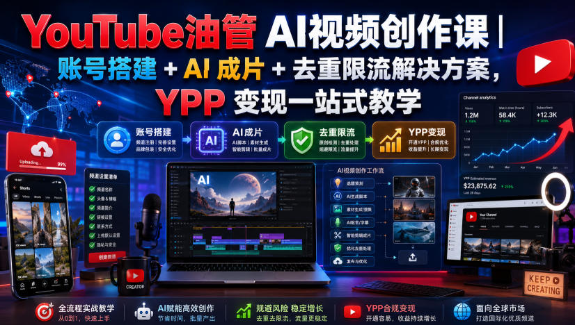 YouTube油管AI视频创作课|账号搭建+AI成片+去重限流解决方案,YPP变现一站式教学-淘金社:轻创终点站
