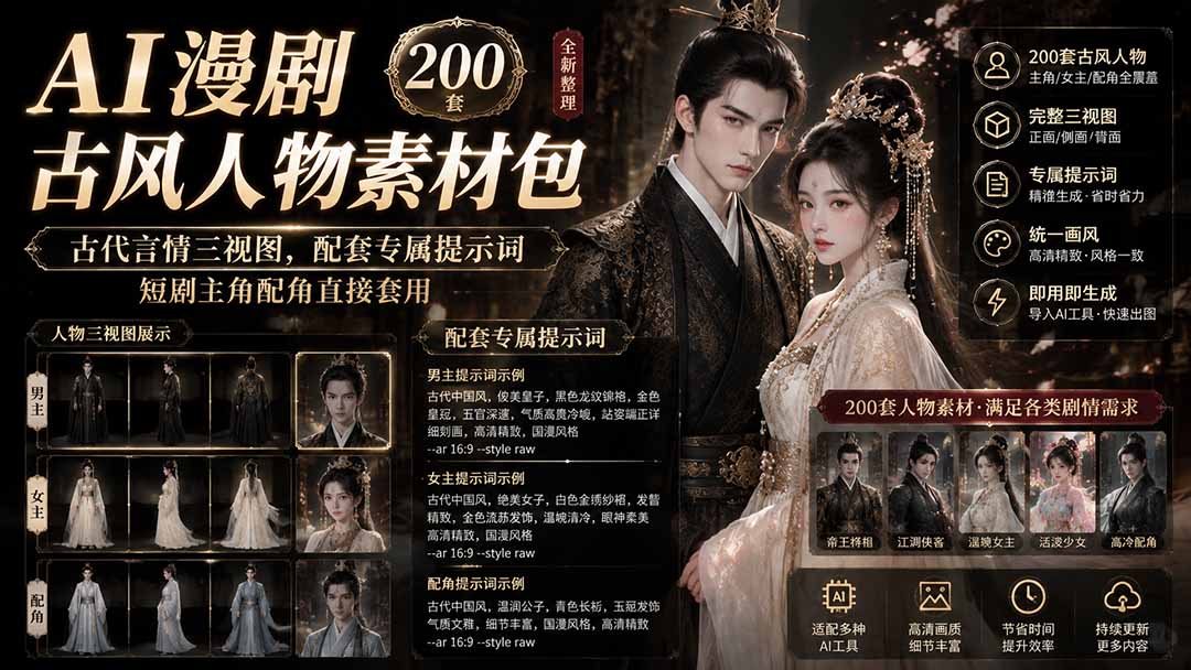 AI漫剧古风人物素材包+提示词|200 套古代言情三视图,配套专属提示词短剧主角配角直接套用-淘金社:轻创终点站