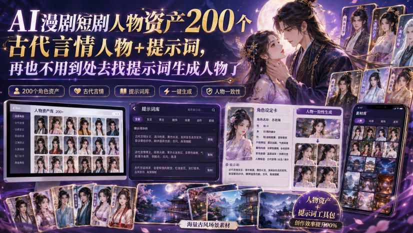 AI漫剧短剧人物资产200个古代言情人物+提示词,再也不用到处去找提示词生成人物了-淘金社:轻创终点站