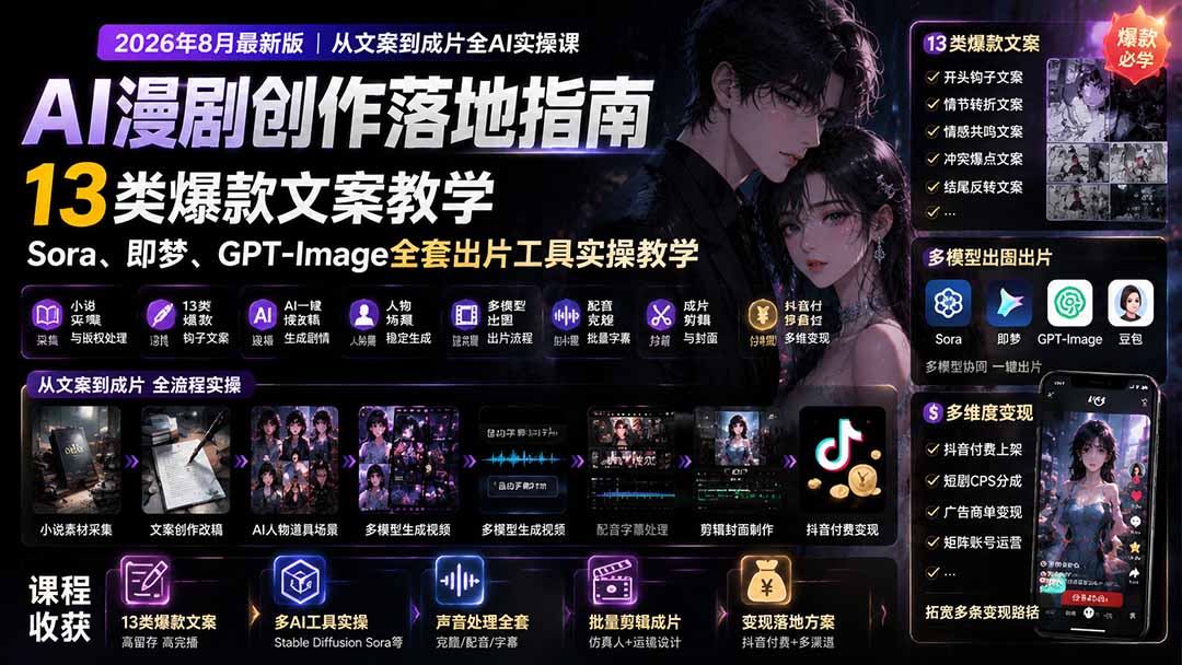 AI漫剧创作落地指南|13类爆款文案教学,Sora、即梦、GPT-Image全套出片工具实操教学-淘金社:轻创终点站