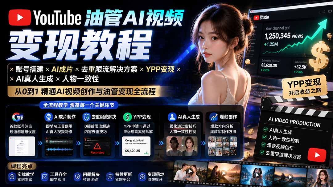 YouTube油管AI视频变现教程:账号搭建×AI成片×去重限流解决方案×YPP变现×AI真人生成×人物一致性-淘金社:轻创终点站