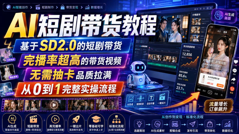 AI短剧带货教程,基于SD2.0的短剧带货,完播率超高的带货视频,无需抽卡品质拉满,从0到1完整实操流程-淘金社:轻创终点站