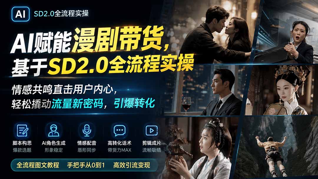 AI赋能漫剧带货，基于SD2.0全流程实操；情感共鸣直击用户内心，轻松撬动流量新密码，引爆转化-淘金社:轻创终点站
