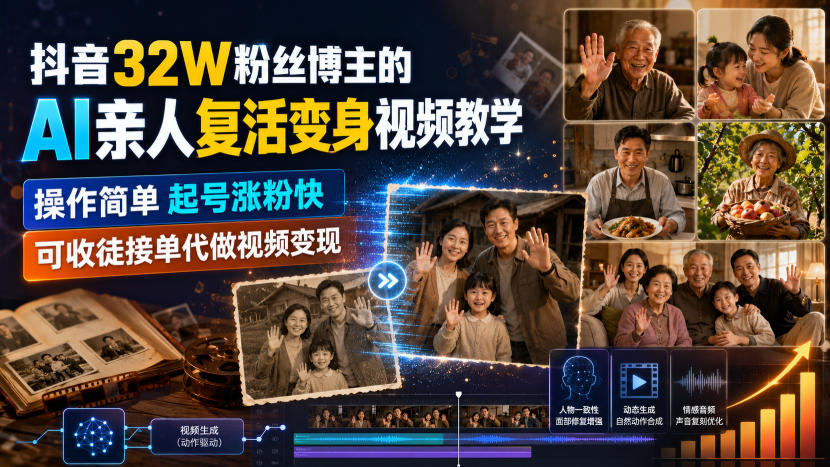 抖音32W粉丝博主的AI亲人复活变身视频教学，操作简单，起号涨粉快，可收徒接单代做视频变现-淘金社:轻创终点站